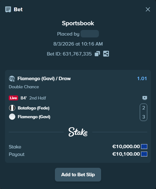 Bet slip: Botafogo (Fede) - Flamengo (Gavi), $10,800.00 stake at 1.01 odds, placed by 4alen4