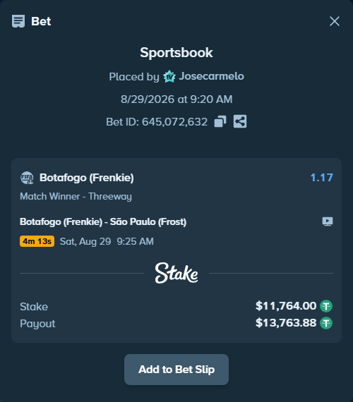 Bet slip: Botafogo (Frenkie) - São Paulo (Frost), $11,764.00 stake at 1.17 odds, placed by Josecarmelo