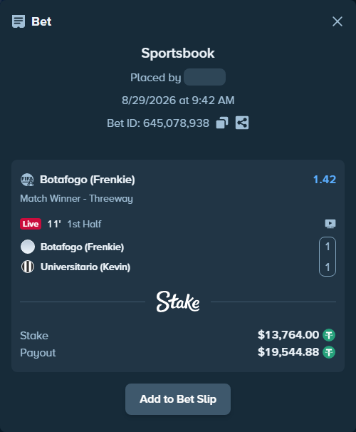 Bet slip: Botafogo (Frenkie) - Universitario (Kevin), $13,764.00 stake at 1.42 odds, placed by Josecarmelo