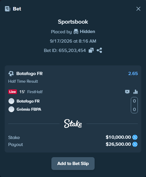 Bet slip: Botafogo - Gremio, $10,000.00 stake at 2.65 odds, placed by Hidden