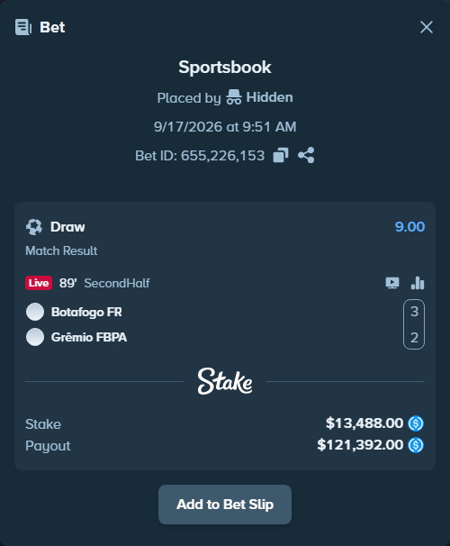 Bet slip: Botafogo - Gremio, $13,488.00 stake at 9.00 odds, placed by Hidden