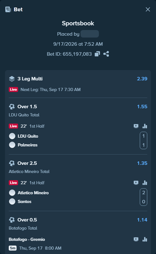 Bet slip: Botafogo - Gremio, $23,560.00 stake at 1.14 odds, placed by SH7N28