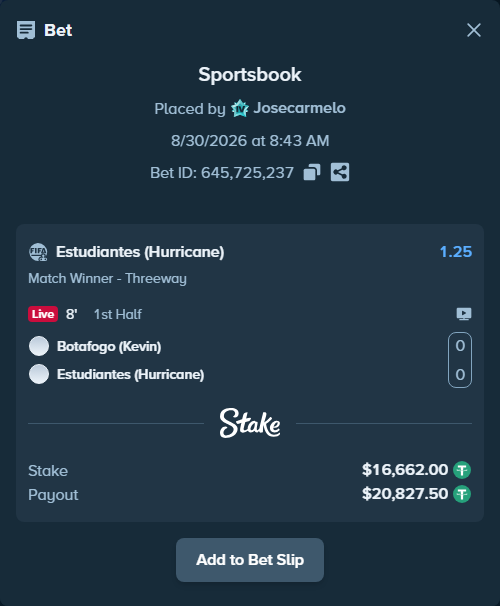 Bet slip: Botafogo (Kevin) - Estudiantes (Hurricane), $16,662.00 stake at 1.25 odds, placed by Josecarmelo