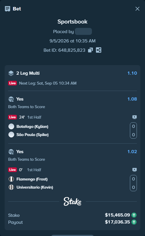 Bet slip: Botafogo (Kylian) - São Paulo (Spike), $15,462.00 stake at 1.08 odds, placed by Josecarmelo