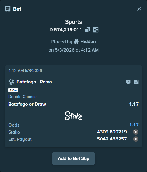 Bet slip: Botafogo - Remo, $4,956.27 stake at 1.17 odds, placed by Hidden