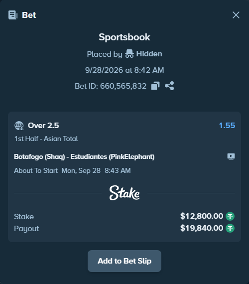 Bet slip: Botafogo (Shaq) - Estudiantes (PinkElephant), $12,800.00 stake at 1.55 odds, placed by tororon