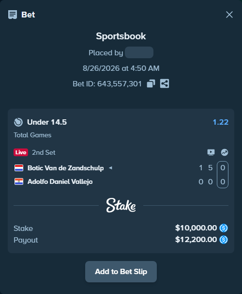 Bet slip: Botic Van de Zandschulp - Adolfo Daniel Vallejo, $10,000.00 stake at 1.22 odds, placed by privetmedvet15