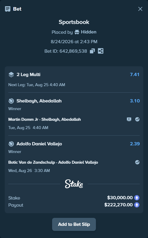 Bet slip: Botic Van de Zandschulp - Adolfo Daniel Vallejo, $30,421.78 stake at 2.39 odds, placed by Hidden