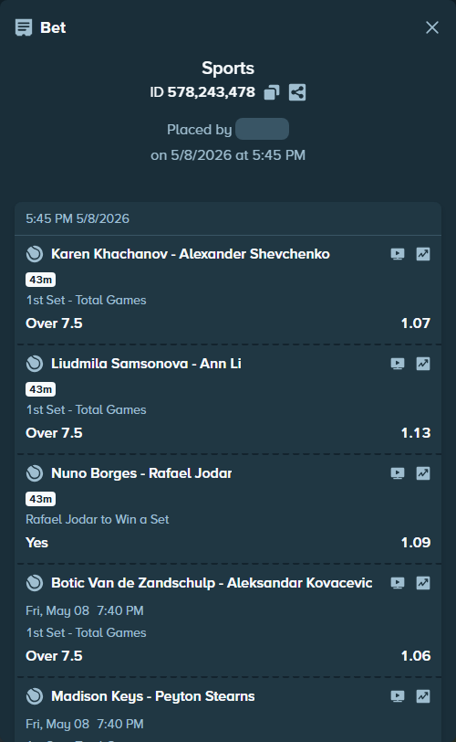 Bet slip: Botic Van de Zandschulp - Aleksandar Kovacevic, $30,000.00 stake at 1.06 odds, placed by HersherP