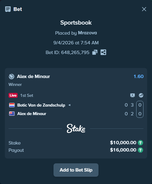 Bet slip: Botic Van de Zandschulp - Alex de Minaur, $10,000.00 stake at 1.60 odds, placed by Mrazova