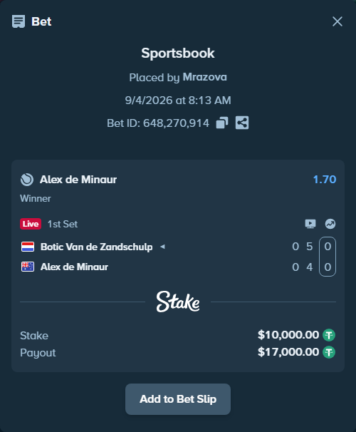 Bet slip: Botic Van de Zandschulp - Alex de Minaur, $10,000.00 stake at 1.70 odds, placed by Mrazova