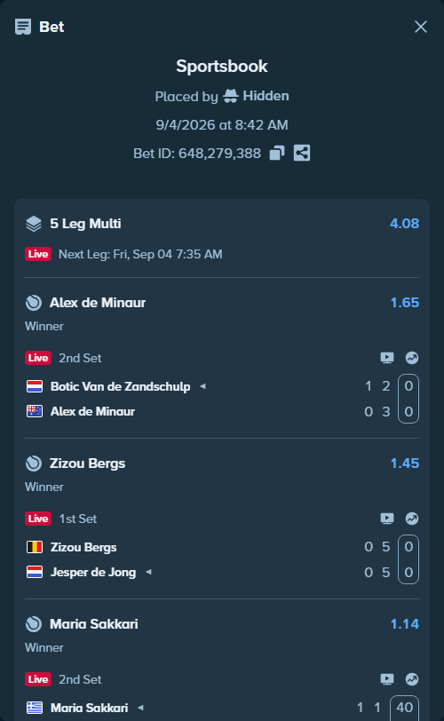 Bet slip: Botic Van de Zandschulp - Alex de Minaur, $13,060.35 stake at 1.65 odds, placed by Hidden