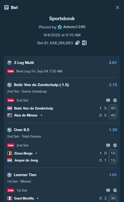 Bet slip: Botic Van de Zandschulp - Alex de Minaur, $15,000.00 stake at 2.15 odds, placed by Adams1245