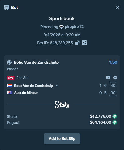 Bet slip: Botic Van de Zandschulp - Alex de Minaur, $42,776.00 stake at 1.50 odds, placed by piropiro12