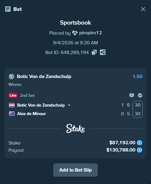 Bet slip: Botic Van de Zandschulp - Alex de Minaur, $87,192.00 stake at 1.50 odds, placed by piropiro12