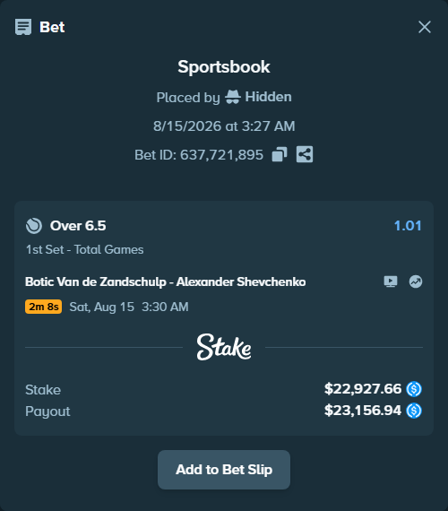 Bet slip: Botic Van de Zandschulp - Alexander Shevchenko, $22,927.66 stake at 1.01 odds, placed by Hidden