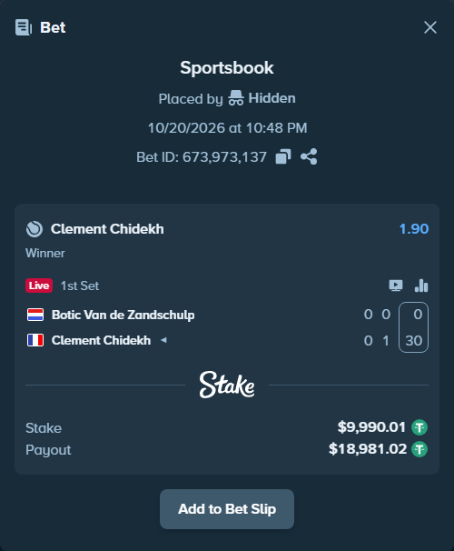 Bet slip: Botic Van de Zandschulp - Clement Chidekh, $10,000.00 stake at 1.90 odds, placed by Mates99