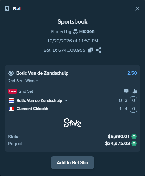 Bet slip: Botic Van de Zandschulp - Clement Chidekh, $10,000.00 stake at 2.50 odds, placed by Hidden
