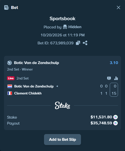 Bet slip: Botic Van de Zandschulp - Clement Chidekh, $11,578.17 stake at 3.10 odds, placed by Prettylfacko98