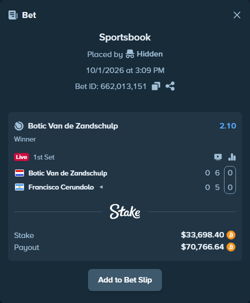 Bet slip: Botic Van de Zandschulp - Francisco Cerundolo, $33,412.80 stake at 2.10 odds, placed by Atte90