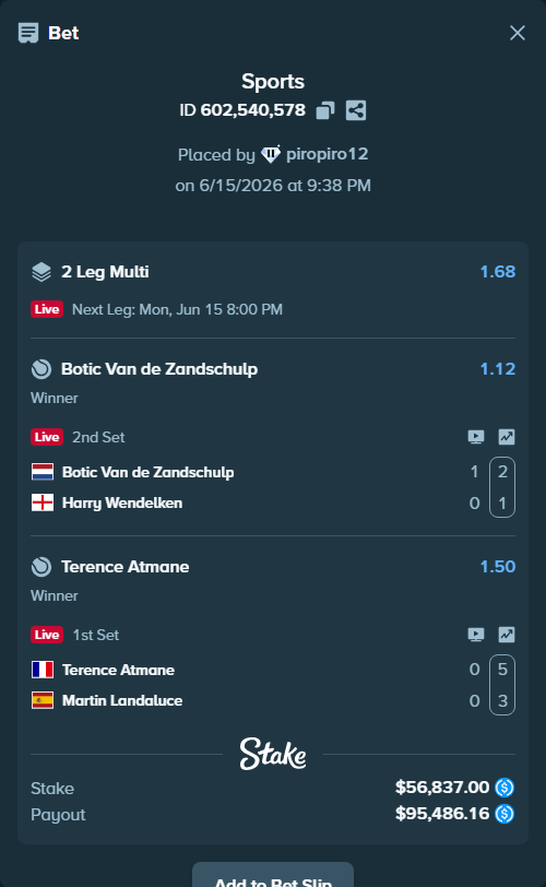 Bet slip: Botic Van de Zandschulp - Harry Wendelken, $56,837.00 stake at 1.12 odds, placed by piropiro12