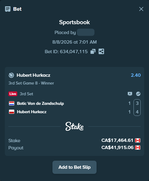 Bet slip: Botic Van de Zandschulp - Hubert Hurkacz, $12,923.81 stake at 2.40 odds, placed by Gheer28