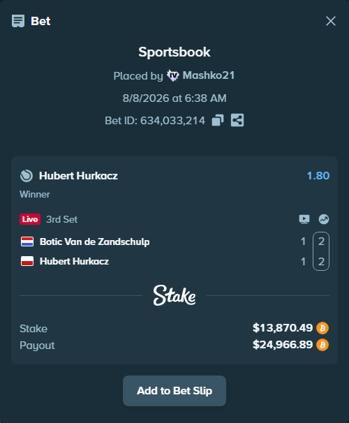 Bet slip: Botic Van de Zandschulp - Hubert Hurkacz, $13,860.44 stake at 1.80 odds, placed by Mashko21