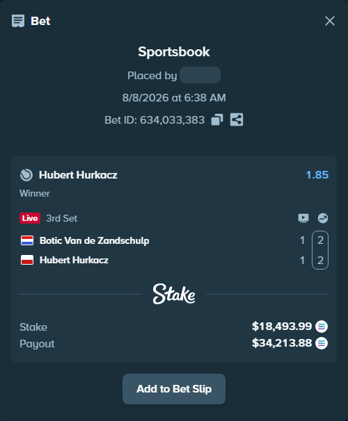Bet slip: Botic Van de Zandschulp - Hubert Hurkacz, $18,451.20 stake at 1.85 odds, placed by Mashko21