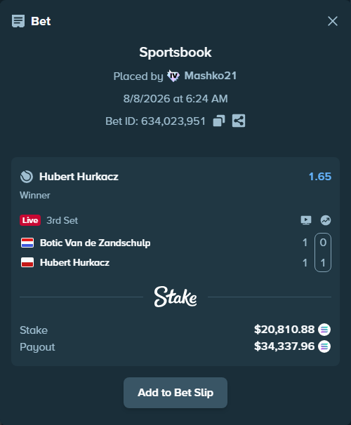 Bet slip: Botic Van de Zandschulp - Hubert Hurkacz, $21,015.10 stake at 1.65 odds, placed by Mashko21