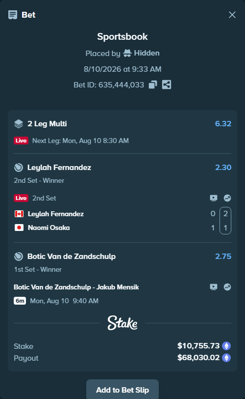 Bet slip: Botic Van de Zandschulp - Jakub Mensik, $10,765.93 stake at 2.75 odds, placed by Hidden