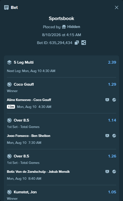 Bet slip: Botic Van de Zandschulp - Jakub Mensik, $75,000.00 stake at 1.26 odds, placed by Hidden