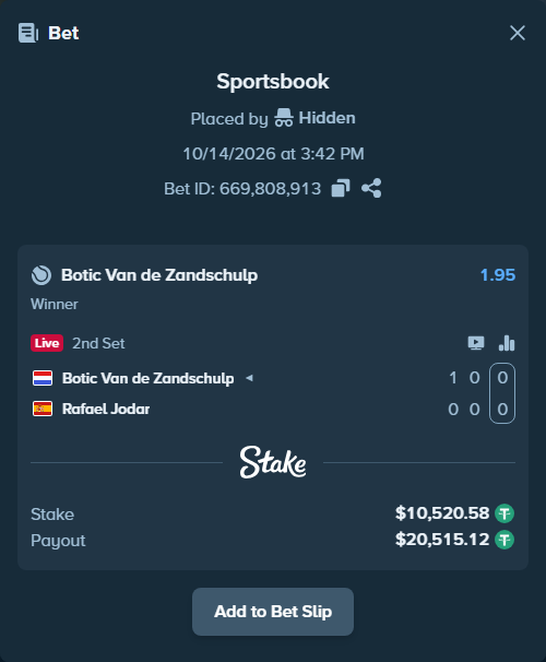 Bet slip: Botic Van de Zandschulp - Rafael Jodar, $10,531.10 stake at 1.95 odds, placed by Hidden