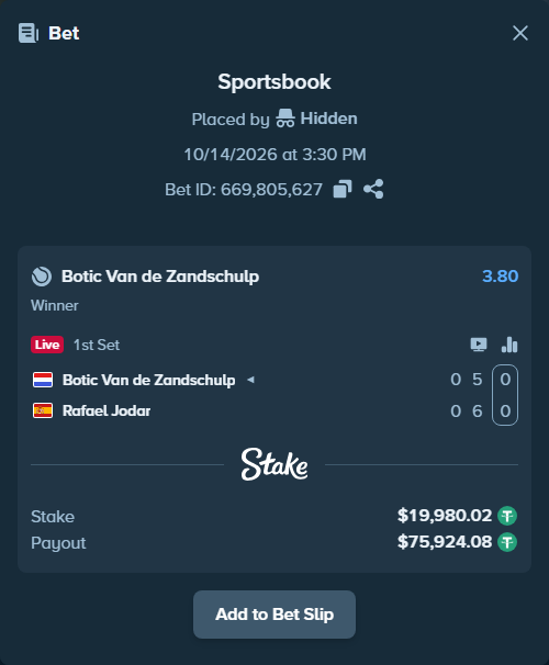 Bet slip: Botic Van de Zandschulp - Rafael Jodar, $20,000.00 stake at 3.80 odds, placed by BetlikeaKing