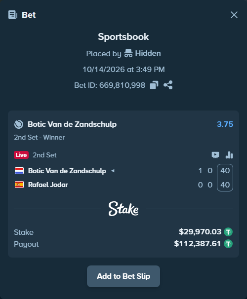 Bet slip: Botic Van de Zandschulp - Rafael Jodar, $30,000.00 stake at 3.75 odds, placed by Hidden