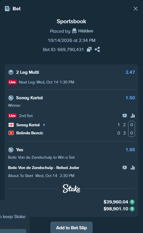 Bet slip: Botic Van de Zandschulp - Rafael Jodar, $40,000.00 stake at 1.65 odds, placed by Hidden