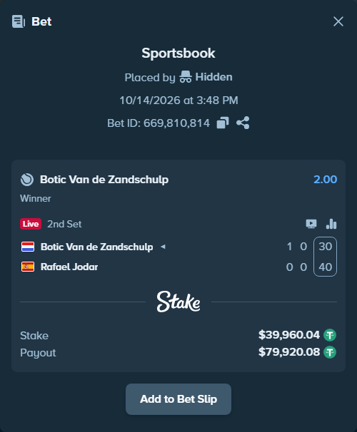 Bet slip: Botic Van de Zandschulp - Rafael Jodar, $40,000.00 stake at 2.00 odds, placed by Hidden