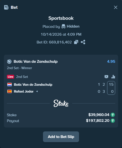 Bet slip: Botic Van de Zandschulp - Rafael Jodar, $40,000.00 stake at 4.95 odds, placed by Hidden