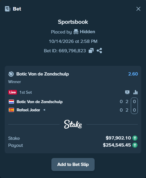 Bet slip: Botic Van de Zandschulp - Rafael Jodar, $98,000.00 stake at 2.60 odds, placed by Hidden