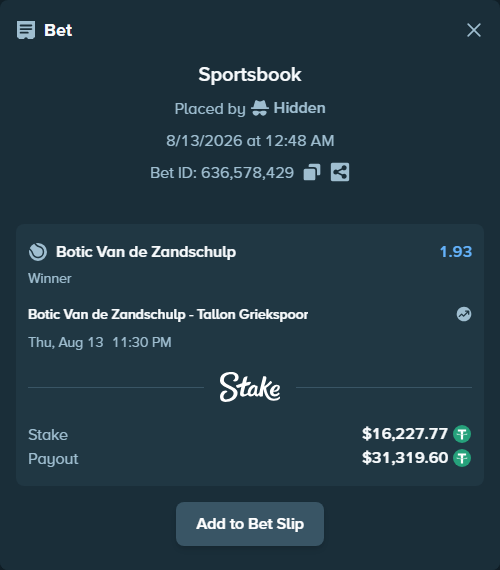 Bet slip: Botic Van de Zandschulp - Tallon Griekspoor, $16,244.00 stake at 1.93 odds, placed by Hidden