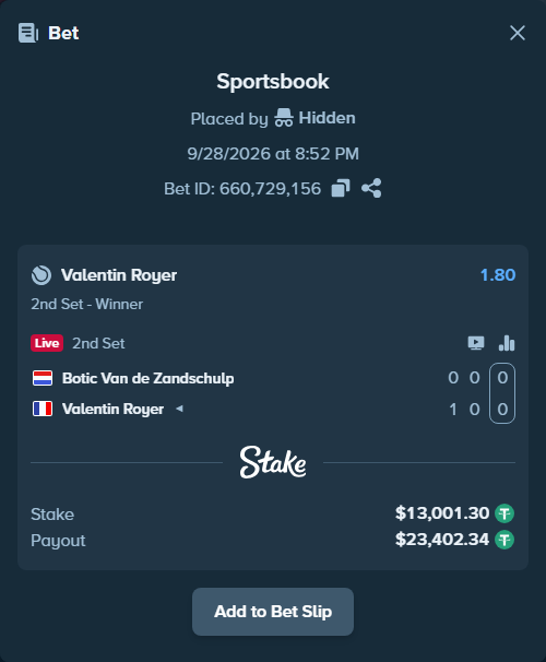 Bet slip: Botic Van de Zandschulp - Valentin Royer, $13,000.00 stake at 1.80 odds, placed by Hidden