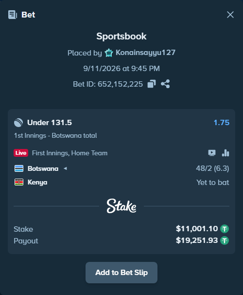 Bet slip: Botswana - Kenya, $11,000.00 stake at 1.75 odds, placed by Konainsayyu127
