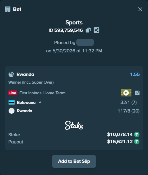 Bet slip: Botswana - Rwanda, $10,088.22 stake at 1.55 odds, placed by Niyazhitman
