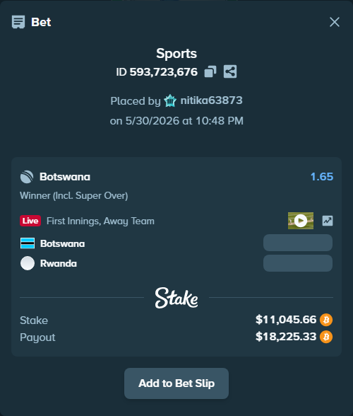 Bet slip: Botswana - Rwanda, $9,649.50 stake at 1.65 odds, placed by nitika63873