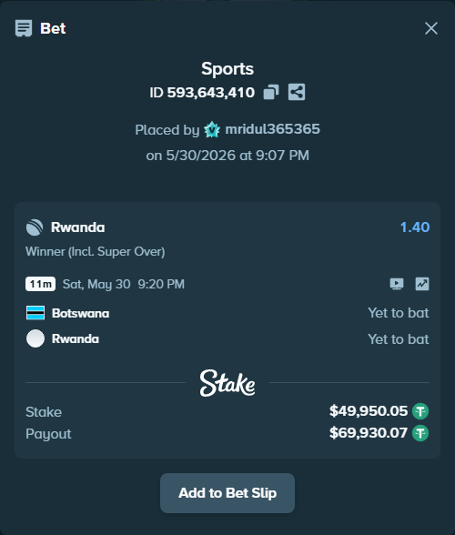 Bet slip: Botswana - Rwanda, $50,000.00 stake at 1.40 odds, placed by mridul365365