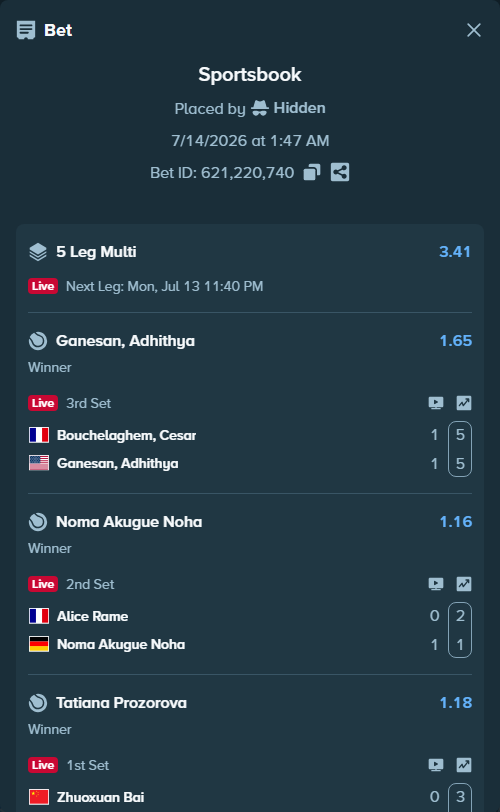 Bet slip: Bouchelaghem, Cesar - Ganesan, Adhithya, $10,000.00 stake at 1.65 odds, placed by Hidden