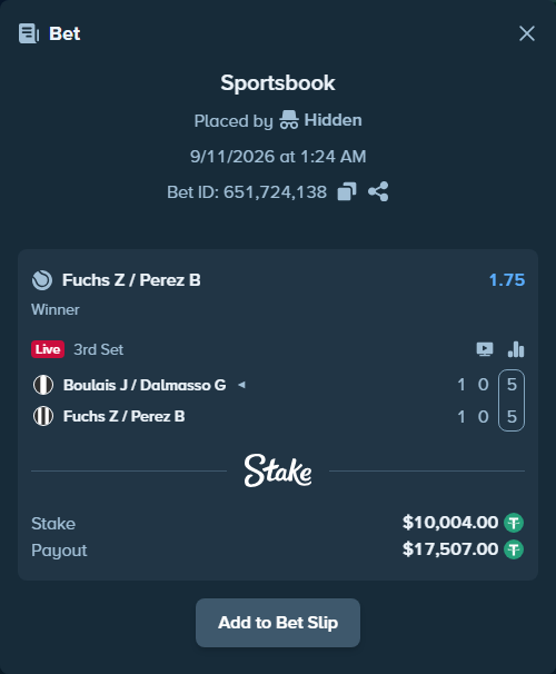 Bet slip: Boulais J / Dalmasso G - Fuchs Z / Perez B, $10,000.00 stake at 1.75 odds, placed by Hidden