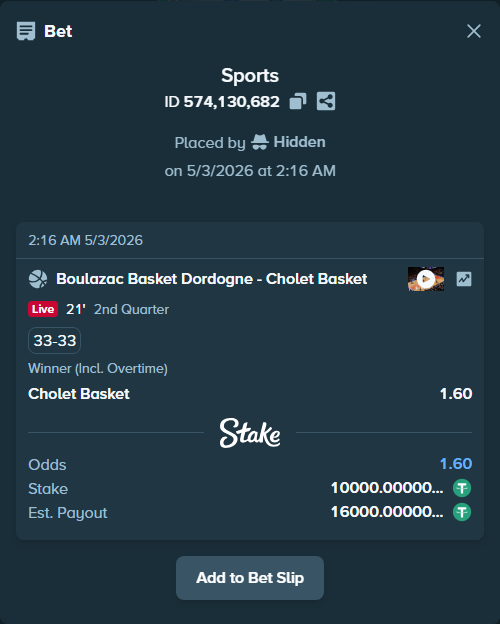 Bet slip: Boulazac Basket Dordogne - Cholet Basket, $10,000.00 stake at 1.60 odds, placed by Hidden