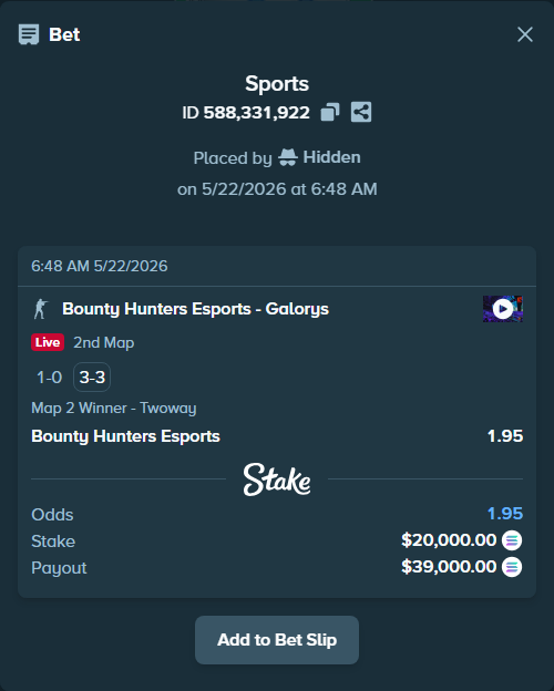 Bet slip: Bounty Hunters Esports - Galorys, $16,766.84 stake at 1.95 odds, placed by Hidden