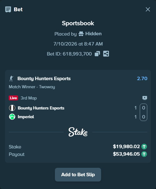 Bet slip: Bounty Hunters Esports - Imperial, $20,000.00 stake at 2.70 odds, placed by Hidden