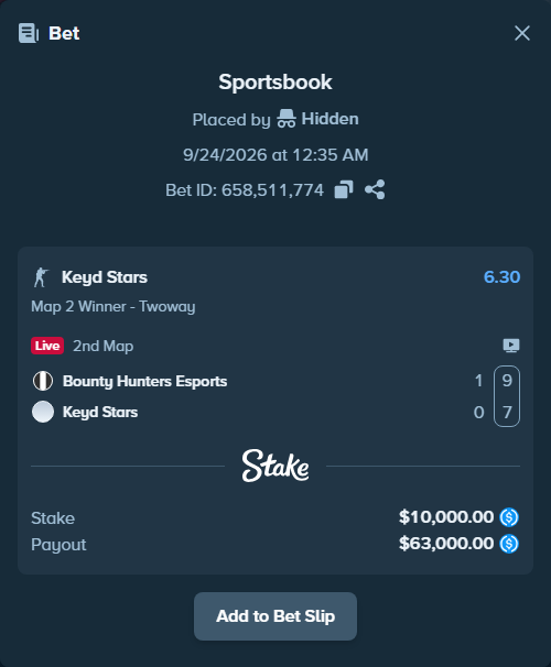 Bet slip: Bounty Hunters Esports - Keyd Stars, $10,000.00 stake at 6.30 odds, placed by Hidden